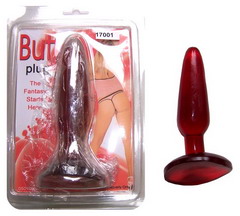 Żelowy penis analny , koloru czerwonego, o grubości 2,5 cm i długości 16 cm. 